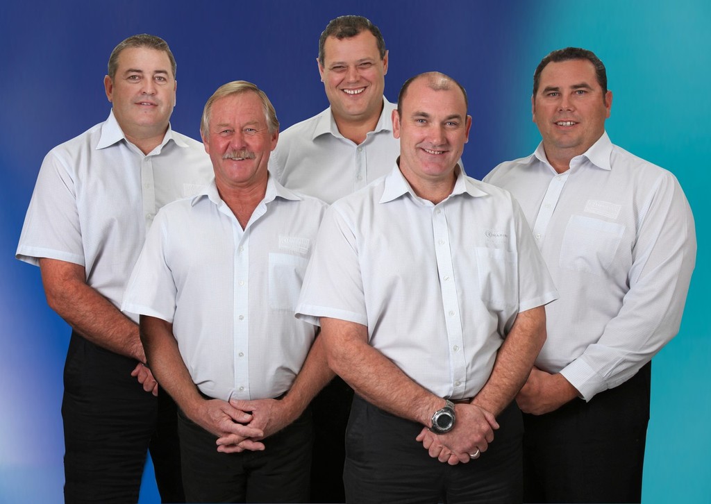 R Marine NZ Team L to R Liam Power (sales), Bruce McGill (dealer principal), Dean Horgan (sales), Adam Wickes (service) and Alistair Hool (sales) © Stephen Milne